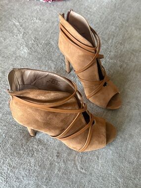 Tan Suede Strappy Peep-Toe High Heels - Steve Madden (probably)